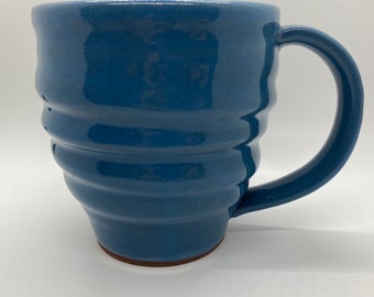 Blue hand thrown stoneware mug, Red clay mug, Spiral mug, Glossy blue mug, Coffee mug, Blue coffee mug