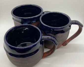 Hand thrown stoneware mugs with deep blue glaze, Coffee mug, Red clay mug, Raw work mug, Blue mug
