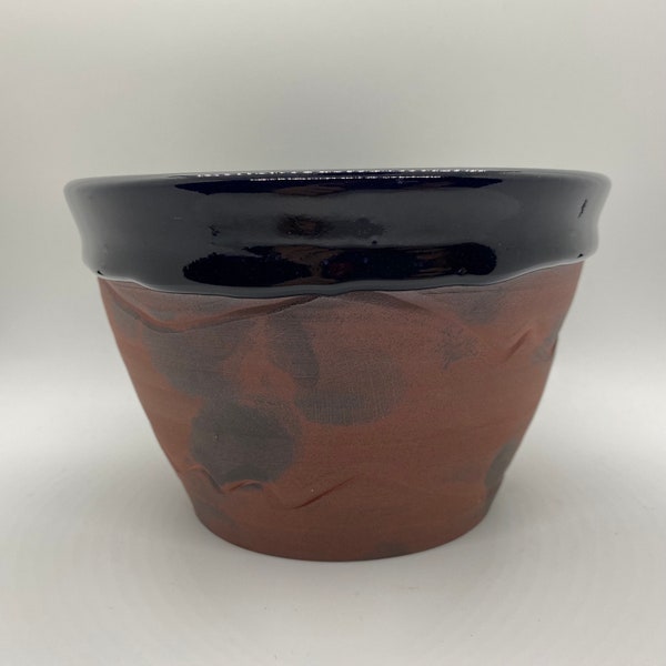Hand thrown stoneware planter with drainage hole, Raw work planter, Red clay planter, Deep blue glaze, Succulent planter