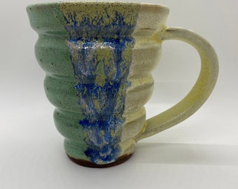 Green hand thrown stoneware mug, Red clay mug, Textured mug, Tri-Colored mug, Coffee mug, Green coffee mug
