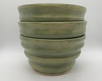 Hand Thrown Matte Green Stoneware Swirl Bowls