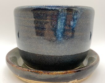 Small hand thrown stoneware planter with drainage and plate, Succulent planter, Blue planter, Green planter, Small planter