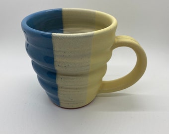 Blue hand thrown stoneware mug, Red clay mug, Textured mug, Tri-Colored mug, Coffee mug, Blue coffee mug