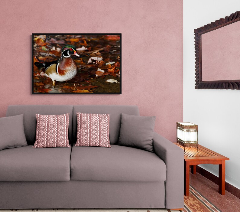 May include: A gray sofa with two throw pillows, a wooden end table with a lamp, and a framed picture of a wood duck on a pink wall.