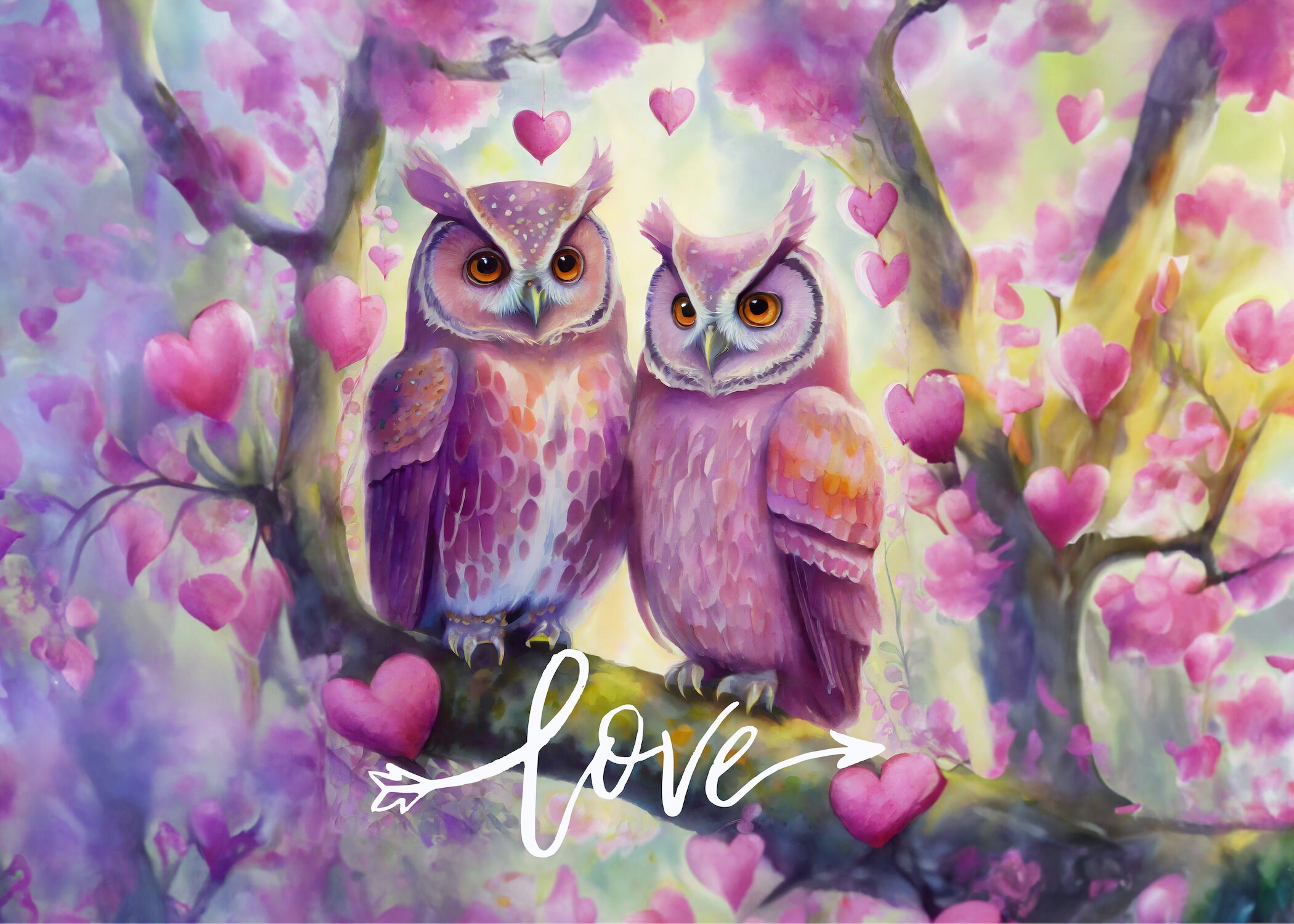 Owl Couple Print Portrait Fine Art Wall Canvas Giclee Metal Conservation Gift Nature Valentines Day 