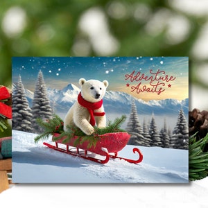 Christmas Card Holiday Polar Bear Personalize Bear Sledding Winter Wonderland Adventure Awaits Envelope Wildlife Conservation Adventure