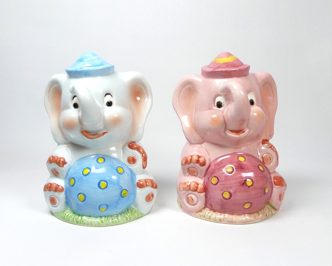 Elephant Piggy Banks Pair of Vintage Elephant Coin Banks Hand Painted