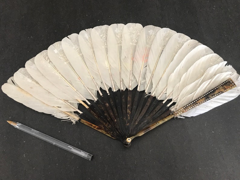 France 1820-1830 fan of painted duck feathers antique French gouache-painted white duck/'s feathers fan