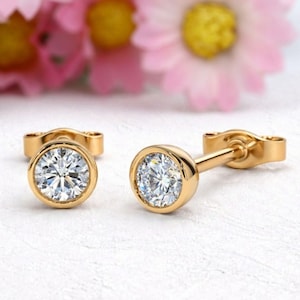 Round Cut Lab Diamond Stud Earrings / 14K Yellow Gold Bezel Set Women's Earrings / Conflict Free Diamond Earrings For Wedding Gift