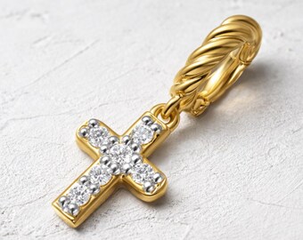Colgante de cruz de oro de 14 quilates con diamantes engastados en pavé, diamantes cultivados en laboratorio (20 x 20 mm)
