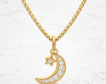 Collar de luna creciente con diamantes en oro macizo: colgante celestial, 9K-18K