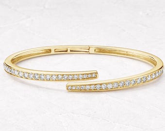 Pulsera rígida redonda de diamantes de 14 quilates y 1,63 quilates, pulsera rígida con diamantes engastados en pavé, pulsera rígida de oro, brazalete tipo puño con diamantes, pulsera apilable de diamantes.