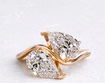 Anillo Toi Et Moi con diamante sintético talla pera, oro de 14 quilates, para boda o compromiso.