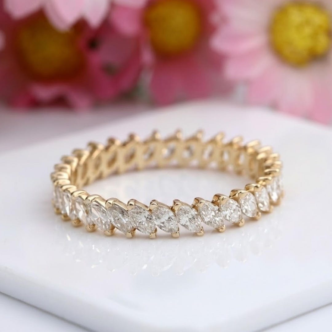 Marquise Cut Lab Grown Diamond Full Eternity Band, 14K Yellow Gold CVD ...
