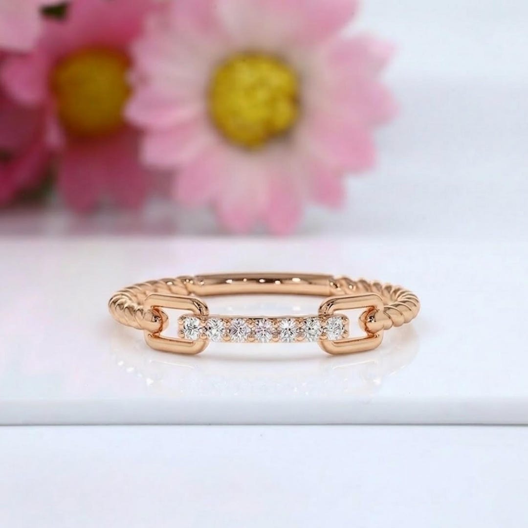 14k Gold Rope Braid Stack Ring With Micro Pave Diamonds - Handcrafted ...