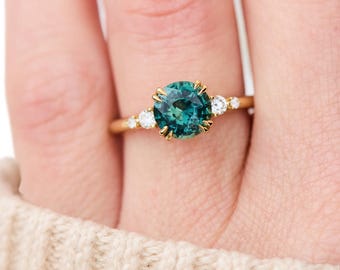 Round Emerald Green Gemstone Engagement Ring | 14k White Gold Rings for Women | Diamond Cluster Ring | Paved Moissanite Half Eternity Band