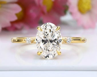 Anillo de compromiso con diamante ovalado cultivado en laboratorio de 2 quilates, oro macizo de 14k, anillo de 5 piedras.