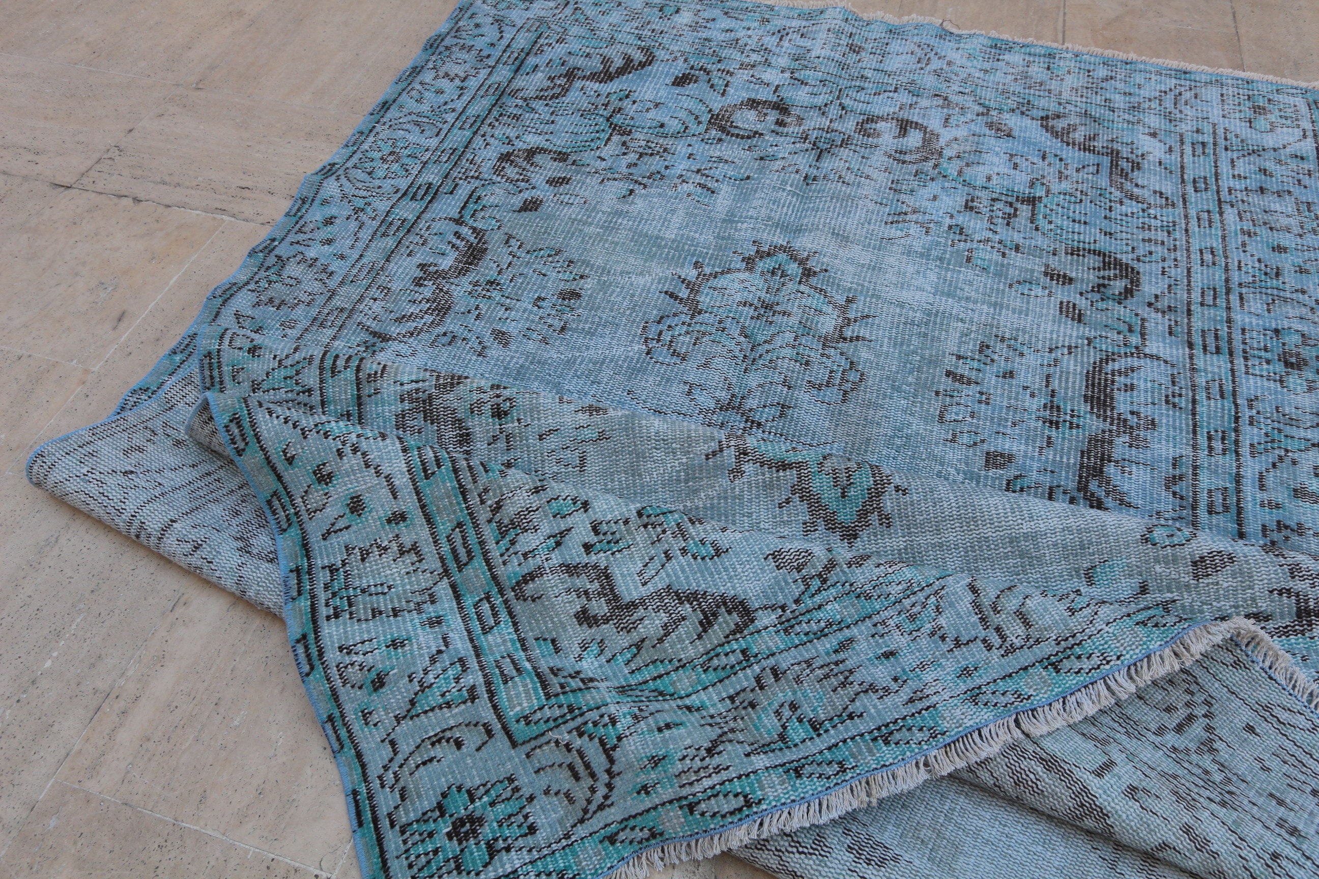 Contemporary Modern Blue Wool Rug Oriental Traditional Etsy UK