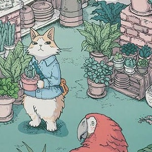 May include: A detailed illustration print featuring a cat wearing a blue shirt and holding a small potted plant, surrounded by numerous potted houseplants, cacti, and succulents on shelves and brick structures, with two colorful parrots present.