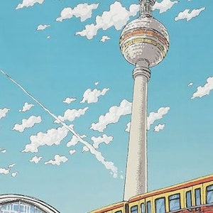May include: A colorful illustration of a train station in Berlin, Germany. The station is under a train trestle with a yellow and red train. The Berlin Television Tower is in the background. The sky is blue with white clouds. There is a person on a skateboard and a person standing near a bench. There is a sign that says "H" and a sign that says "Illustriert von" with a name below it.