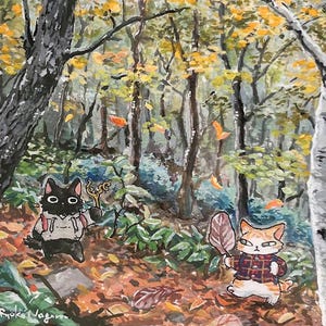 May include: An art print featuring a watercolor illustration of two cats walking through an autumn forest. One black cat wears a backpack and carries a staff, while an orange tabby cat wears a plaid shirt and holds a leaf. Text reads: Two cats walk in the forest.