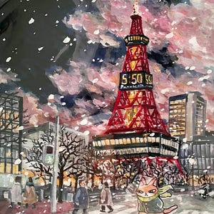 May include: A watercolor print titled Sapporo in Winter 2023 featuring a red tower illuminated at 5:50, a stylized cat character in a green scarf, and people walking across a snowy city street under a dark, cloudy sky with falling white snowflakes.