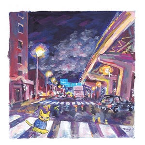 May include: An acrylic painting of a city street at night. A yellow cat in a blue jacket sits on a crosswalk. Buildings and an overpass are lit with streetlights. The sky is dark blue with clouds.