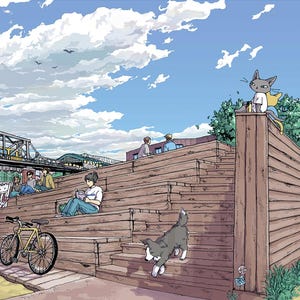 May include: An illustrated scene of a park with a wooden structure, people, a bicycle, and a dog. A gray cat with a cape sits atop the structure. The sky is blue with clouds. A bridge is visible in the background.