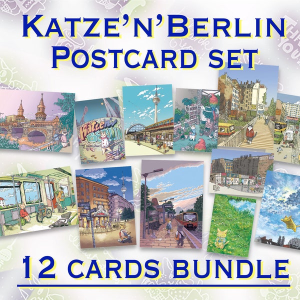 12 Postkarten Set "Katze'n'Berlin" & MEHR <3 [Illustriertes Berlin Postkarten Set von 12]