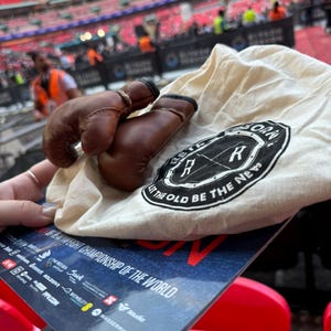 May include: A pair of brown leather boxing gloves in a white drawstring bag with a black logo that says "Reborn" and "Let the old be the new".