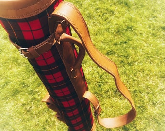 Retro Reborn Tartan vintage style brown leather trim golf bag with 2 x golf ball pocket Scottish pattern, kilt pattern , sunday golf bag