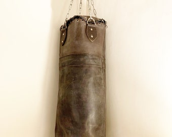 Retro Reborn Vintage Style Boxing Bag / Punch Bag With Hanging Chain Real Dark Brown Leather (unstuffed)