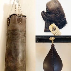 Retro Reborn Vintage Style Boxing Bag / Punch Bag With Hanging Chain Real Dark Brown Leather complete set (unstuffed)