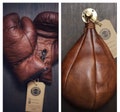 Retro Reborn Vintage Style Leather Boxing Gloves and Leather Speedball with Brass Swivel Bracket