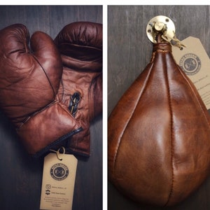Retro Reborn Vintage Style Leather Boxing Gloves and Leather Speedball with Brass Swivel Bracket