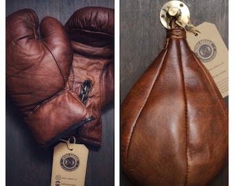 Retro Reborn Vintage Style Leather Boxing Gloves and Leather Speedball with Brass Swivel Bracket