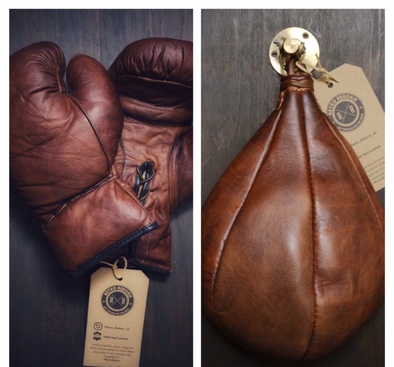 Retro Reborn Vintage Style Leather Boxing Gloves and Leather Speedball with Brass Swivel Bracket