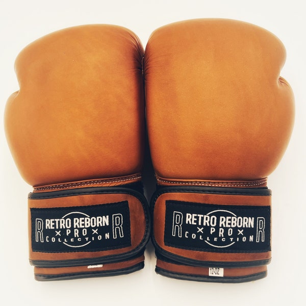 Retro Reborn professional foam padded boxing gloves brown tan retro vintage style Velcro fastener boxing gloves