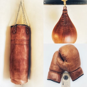 Retro Reborn Bundle Leather Boxing Bag, Boxing Gloves, Speedball In Brown Tan Leather