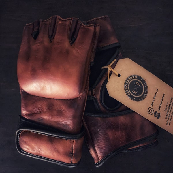 Retro Reborn Brown Tan Leather Vintage Style MMA Gloves