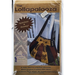 May include: A brown, black, and tan purse with a unique design, featuring a long strap and studded accents. The purse dimensions are 43cm x 30cm x 20cm. The packaging includes the text "The Lollapalooza" and "Spacious & Roomy!"