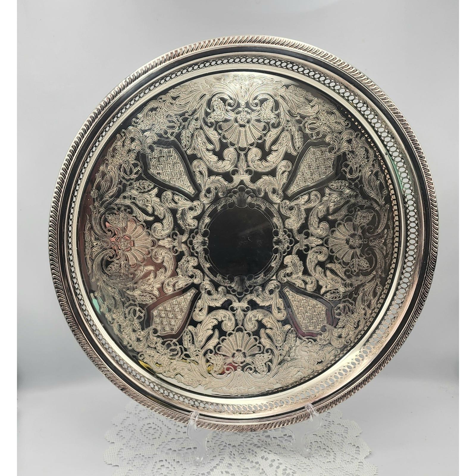 ヴィンテージラウンドサービングトレイ シルバーメッキ 装飾花柄 13