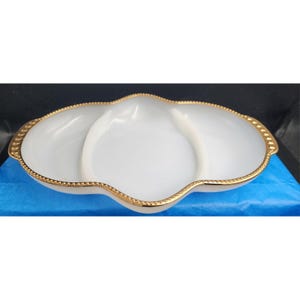 11&quot; Vintage Fire King 3 Section Milk-White Divided Dish With Gold Trim Serving