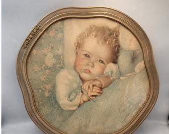 Litografía infantil Vintage Heavens Gift con marco de madera dorado festoneado, 16 pulgadas.