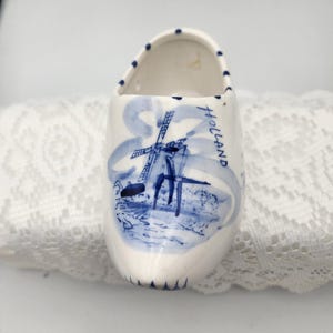 Keramische schoen Hollandse molen handgeschilderd vintage 6&quot; Delfts blauw