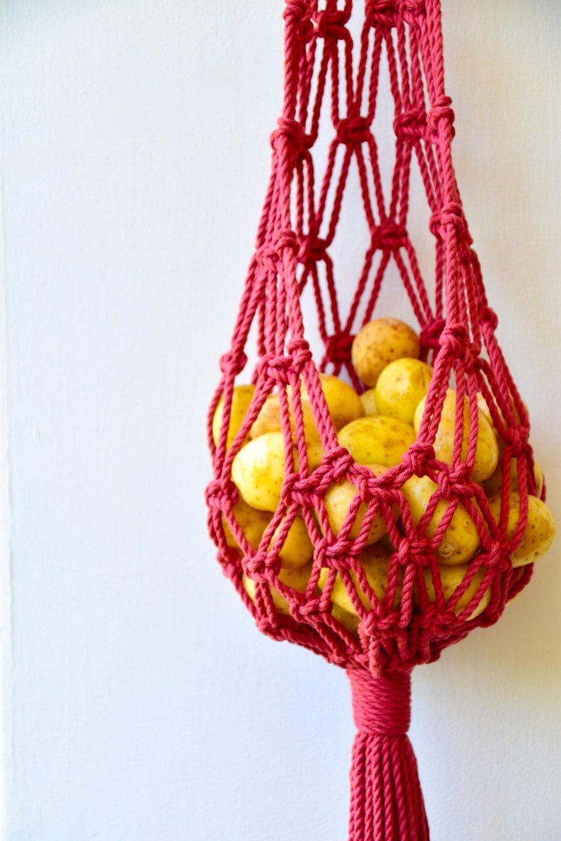 macrame hanging toy basket
