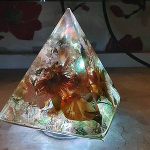 Handmade resin pyramid, with flowers and crystals. Pet memorial, cremation, keepsake, momento.