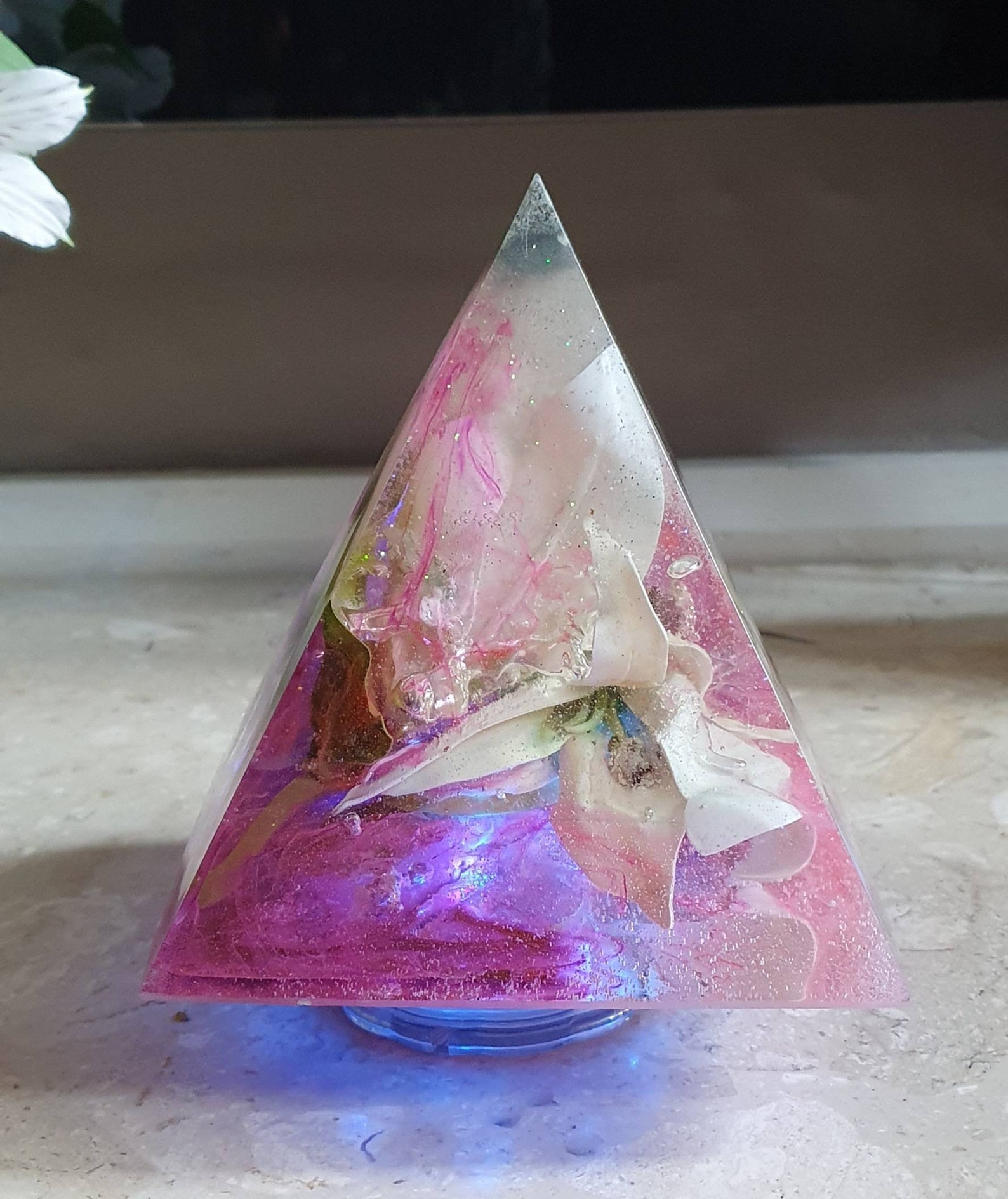 Handmade Resin Pyramid, With Flowers and Crystals. Pet Memorial