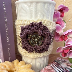 Steampunk Crochet Coffee Sleeve || Cup Cozie || Drink Cozy || Reusable Beverage Cover || Custom Gift || Choose Your Color. Fleur.
