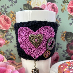 Steampunk Crochet Coffee Sleeve || Cup Cozie || Drink Cozy || Reusable Beverage Cover || Custom Gift || Choose Your Color. Key to My Heart.